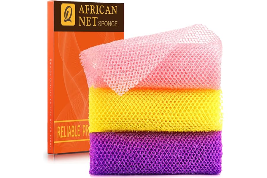 UJFQBH 3 Pieces African Bath Sponge African Net Long Net Bath Sponge Exfoliating Shower Body Scrubber Back Scrubber Skin Smoother,Great for Daily Use (Pink,Yellow,Purple)