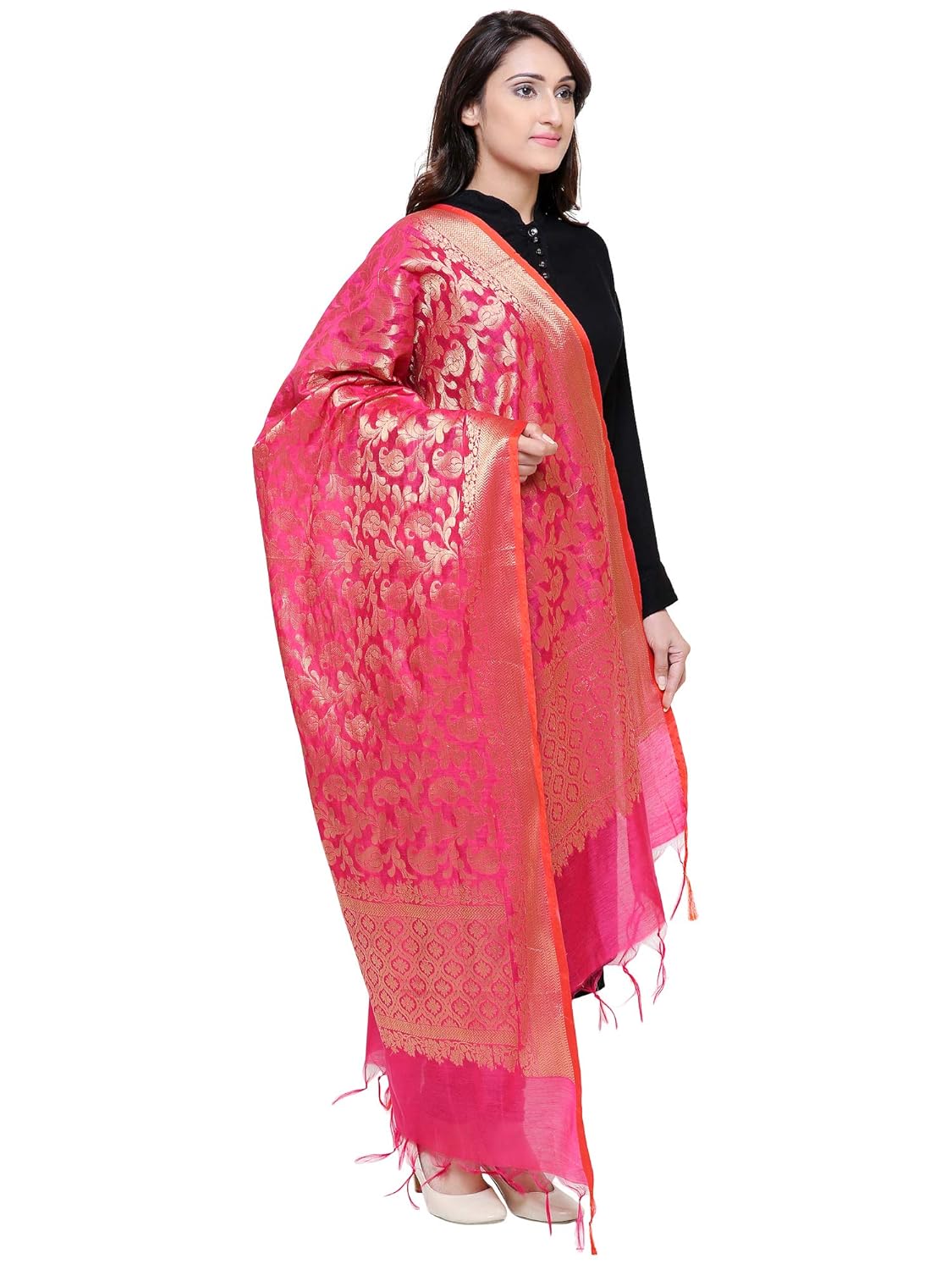 loom legacy women's silk cotton banarsi jacard dupatta (lh-673_magenta_90x250 cms)