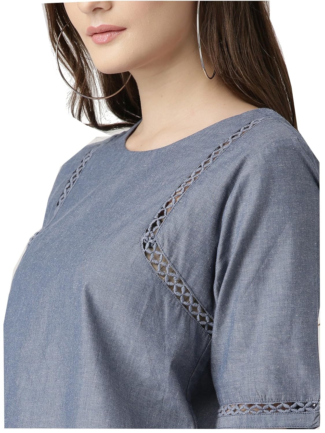 marie claire women blue chambray solid styled back top (mc675)