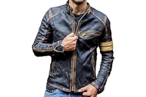 Jnriver Motorcycle Black Leather Jacket Men - Vintage Biker Cafe Racer Real Lambskin Black Mens Motorcycle Jackets