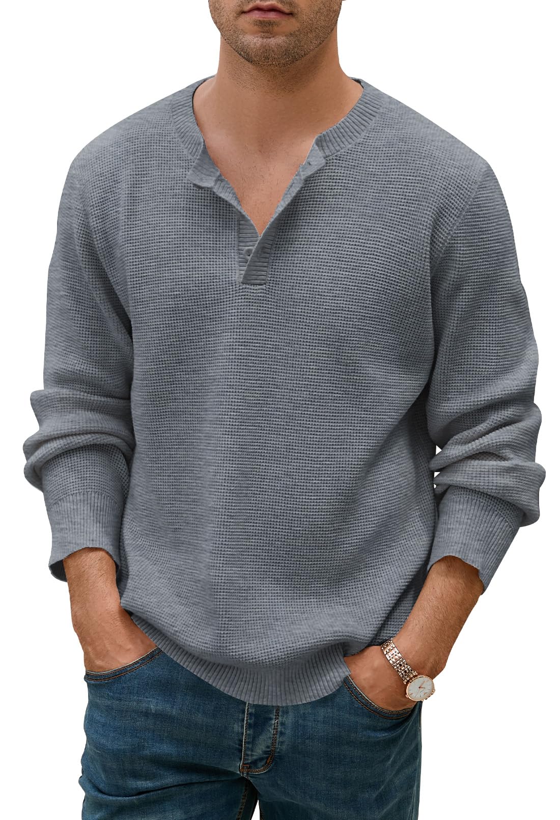 Photo 1 of MEROKEETY Men's Long Sleeve Pullover Sweater Crew Neck Button Casual Waffle Knit Henley Sweaters Tops, HeatherGrey, Small