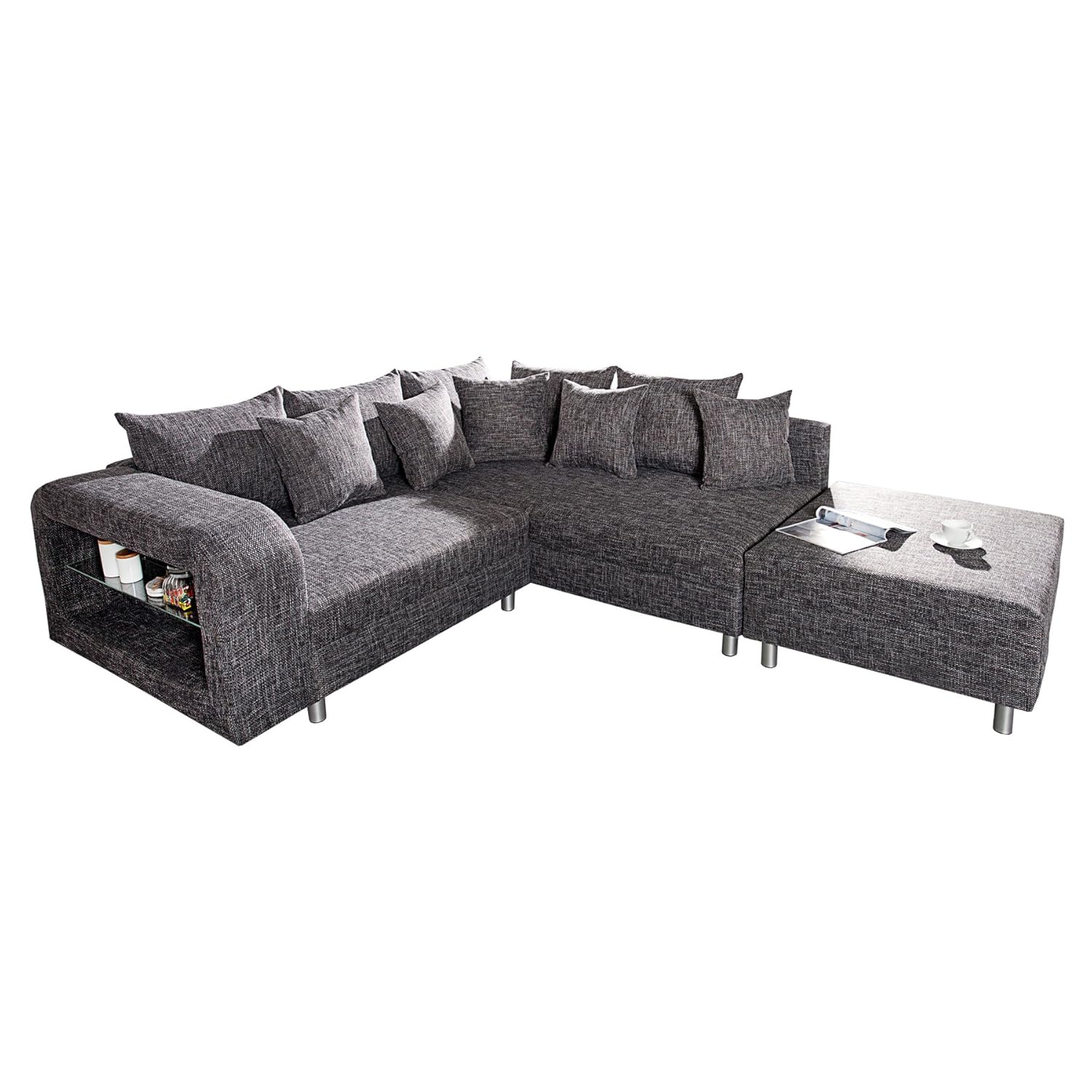 Design Ecksofa LIBERTY mit Hocker Strukturstoff graubraun mit