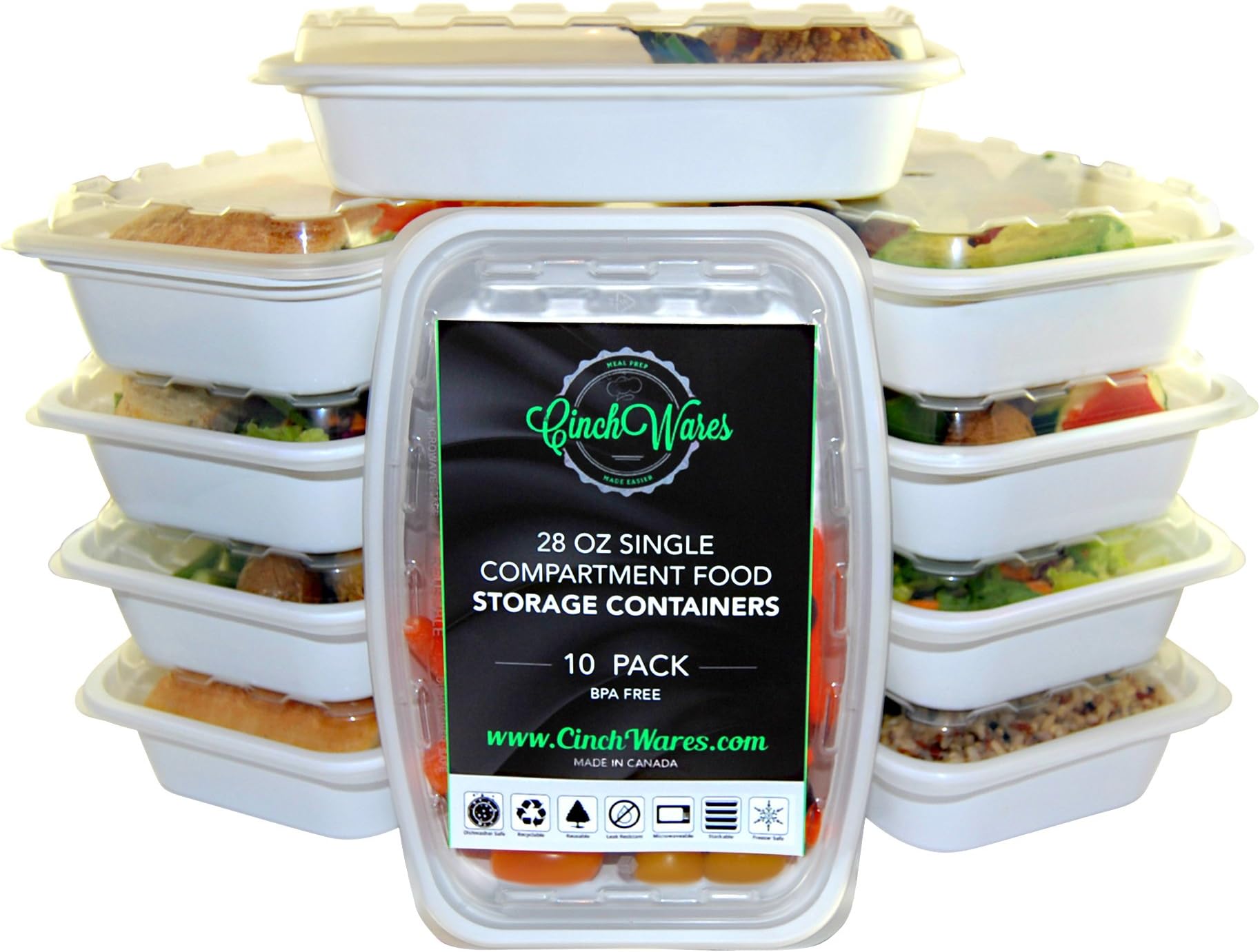 Meal Prep Storage Containers with lids by CinchWares, 28-ounce white, BPA-Free, Reusable, Microwavable 10 Pack
