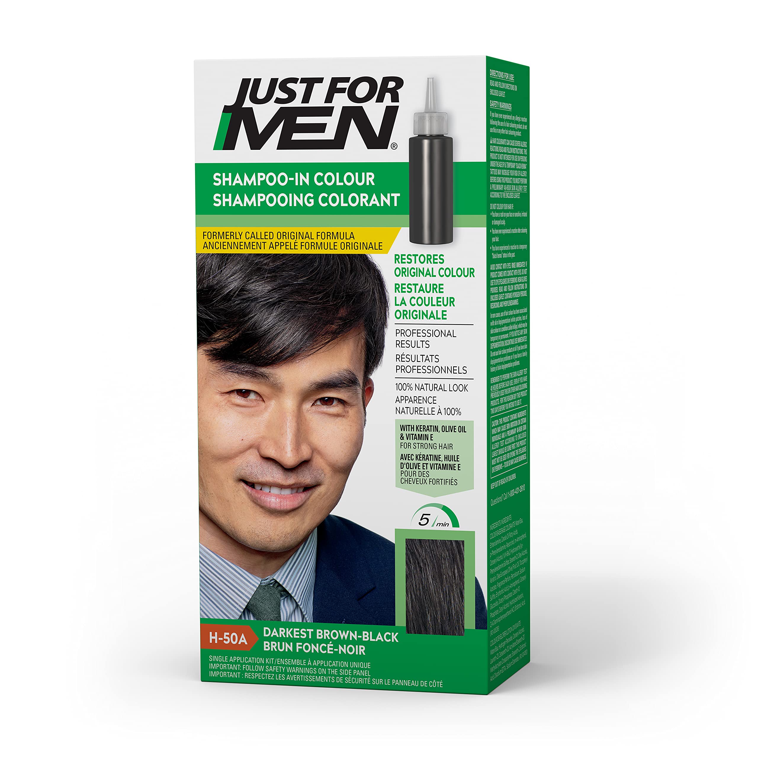 Photo 1 of Just For Men Shampoo-In Color (Formerly Original Formula), Mens Hair Color with Keratin and Vitamin E for Stronger Hair - Darkest Brown-Black, H-50A, Pack of 1