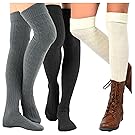 TeeHee Women's Fashion Over the Knee High Socks - 3 Pair Combo (Cable Cuff Dark Combo)