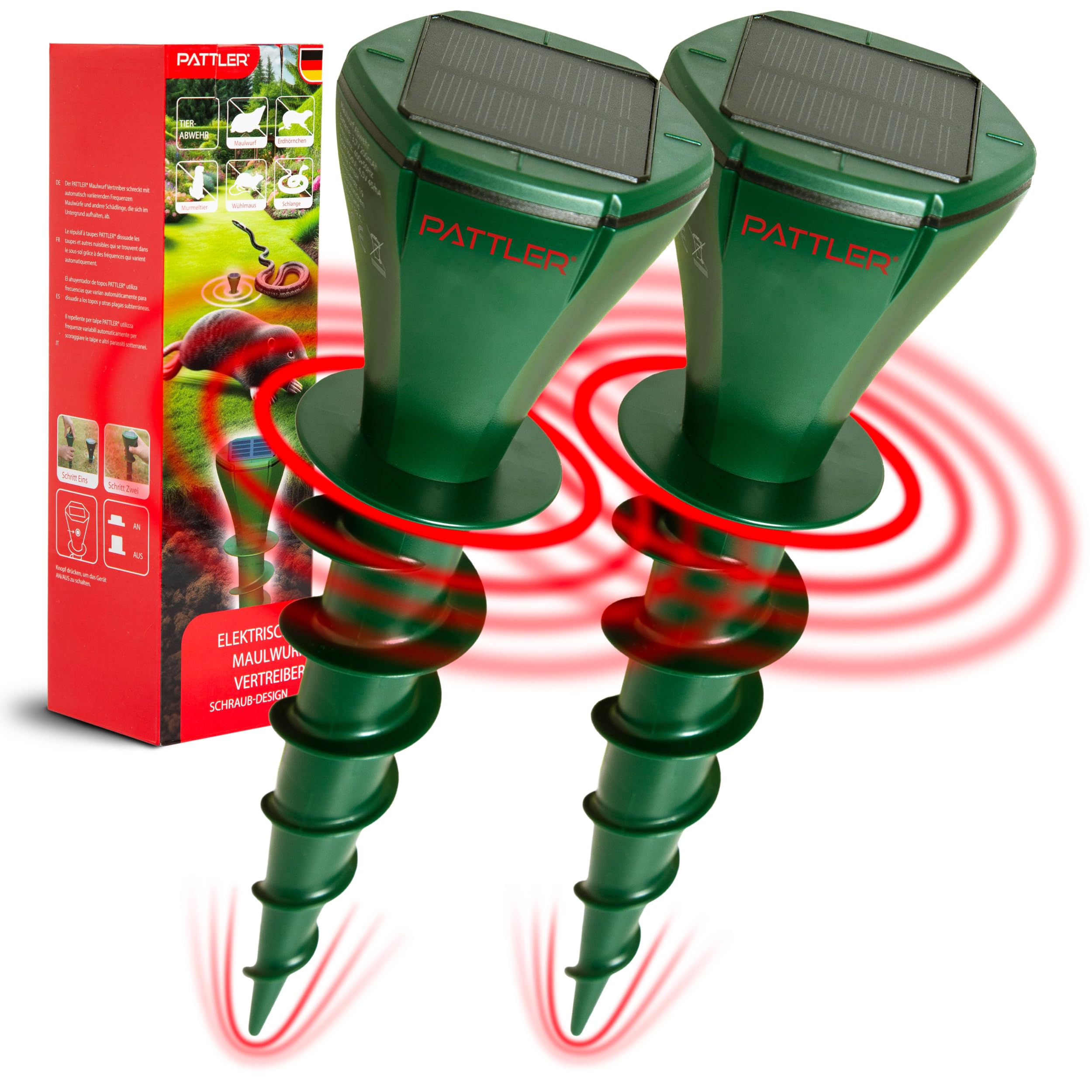 PATTLER® Mole Repellent for Lawns, Solar Powered | Screw-Shape-Stake Design| 8,000 Sq Ft of Protection I Varying Sonic and Vibration to Expel Mole