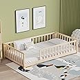 LLS Twin Floor Bed for Kids Solid Wood Montessori Bed Frame with Safety Guardrails Multifunctional Montessori Floor Bed for Toddlers, Without Door, Natural
