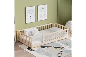 LLS Twin Floor Bed for Kids Solid Wood Montessori Bed Frame with Safety Guardrails Multifunctional Montessori Floor Bed for Toddlers, Without Door, Natural