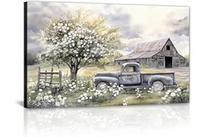 Country Farmhouse Canvas Wall Art Rustic Floral Old Truck Barn Pictures Print Countryside Landscape Paintings for Living Room