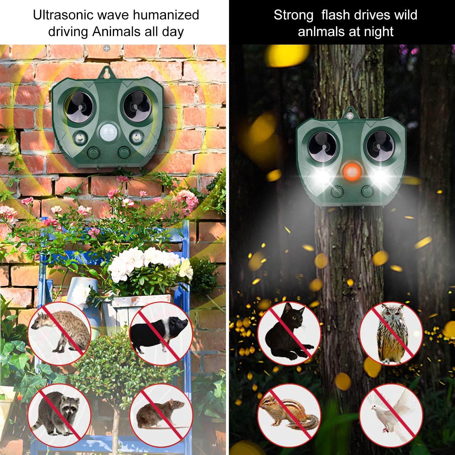 Ultrasonic Dog Chaser, Animal Deterrent with Motion Sensor and Flashing Lights Outdoor Solar Farm Garden Yard Repellent, Dogs, Cats, Birds, Squirrel, Raccoon, Skunk, Rat, Mole, Deer, Rabbit : Garden & Outdoor