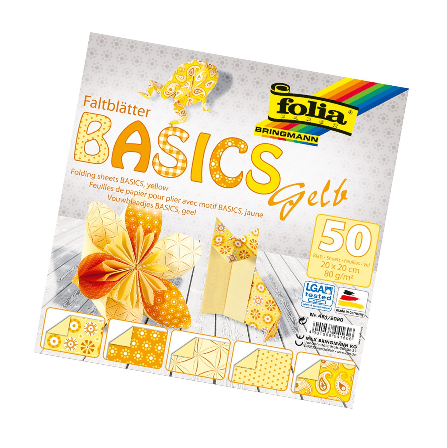 Bringmann Folia Basics folding sheets, 80 g/qm, 50 sheets assorted in 5 designs, yellow, 20 x 20 cm
