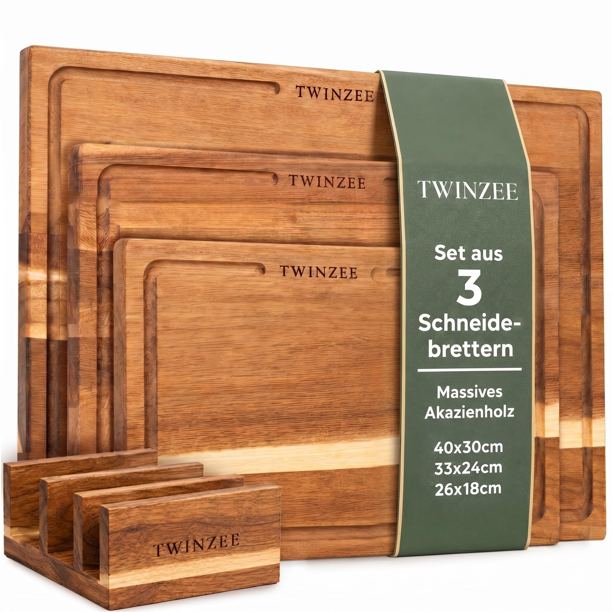 Twinzee Schneidebrett 3er Set (40 x 30/33 x 24/26 x 18 cm) aus Massiver Akazie - Schneidebrett Holz mit Brettständer, 2cm dicke Holzbretter, mit Saftrille