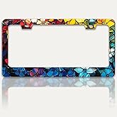 Marble Flowers License Plate Frame Colorful Floral Pattern License Plate Holders Funny Stainless Steel Auto Accessory Bracket 2 Hole with Screws Universal Us Car License Plate Frames 6x12 Inch