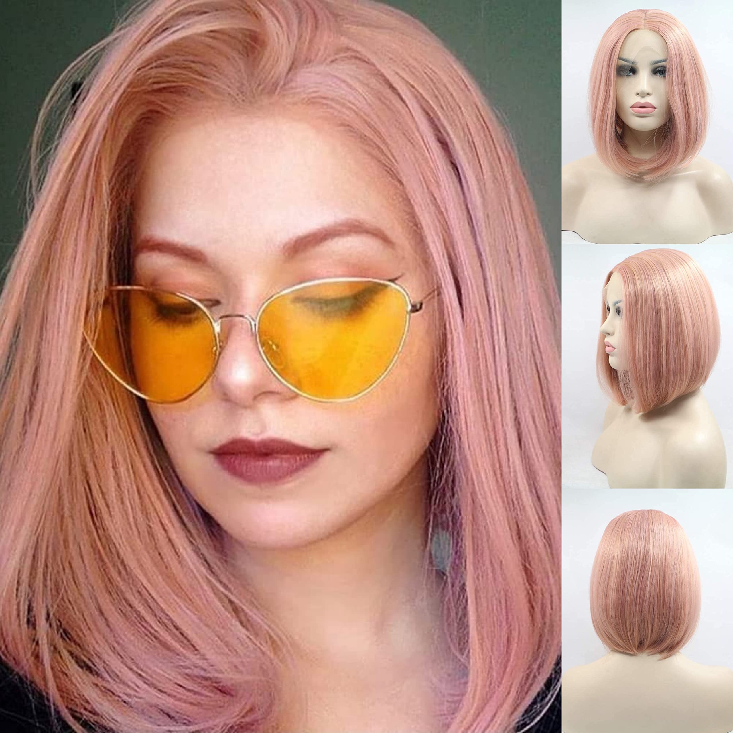 Pink Bob Synthetic Lace Front Wigs Narutal Straight Dark Roots Natural Hairline Middle Part Synthetic Lace Wigs For Women 14Inch (Pink Bob)