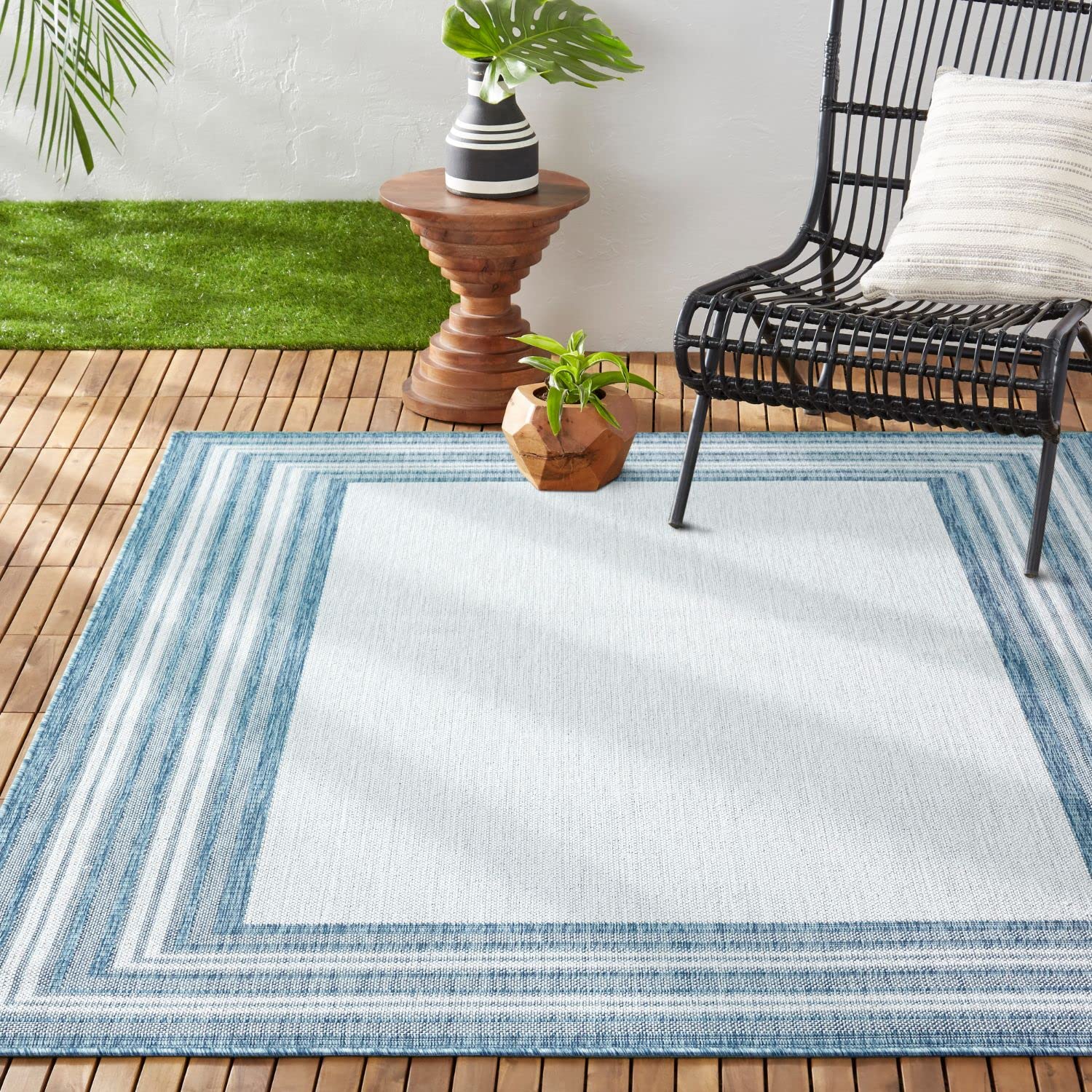 Photo 1 of **Factory Sealed** Nicole Miller New York Patio Country Layla Modern Border Indoor/Outdoor Area Rug, Blue/Ivory, 5'2"x7'2"