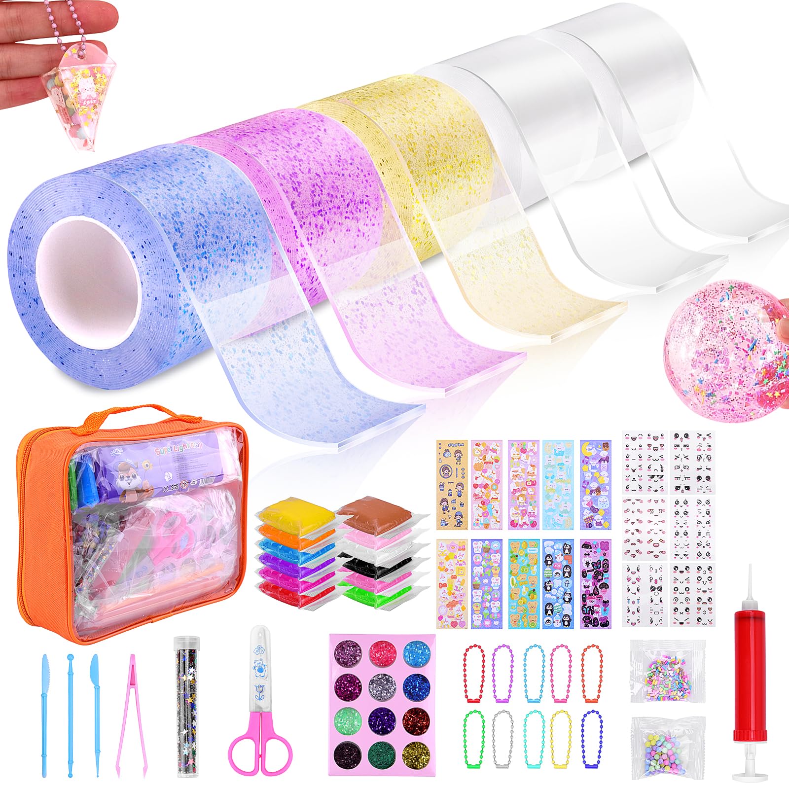 SelfTek 55Pcs Nano Tape Craft Kits - Nano Tape Bubbles Kit with Pump Sequins Glitter Powder Stickers Clay Scissors Tools DIY Bubble Art Set for Making Bubbles Crafts