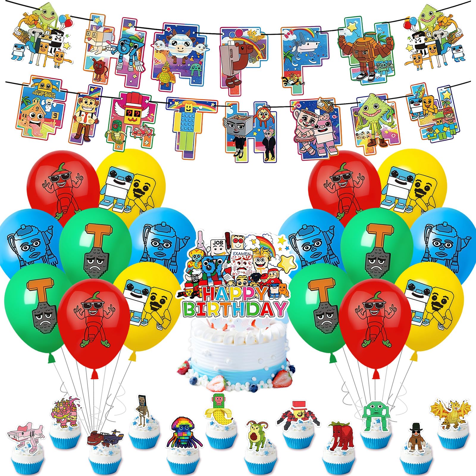 46PCS Brainrot Birthday Decorations, Cute Party Supplies for Boys and Girls Birthday Party, Kids B irthday Decorations Pack with Brainrot Cake Topper Balloon Banner