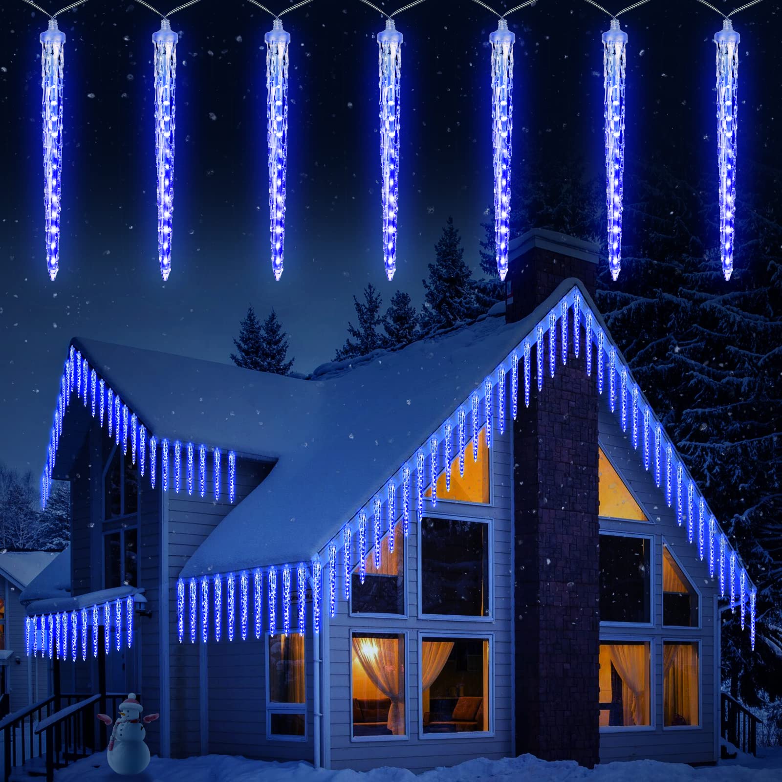 Photo 1 of Icicle Lights Outdoor, 30Ft Meteor Shower Lights with 20 Tubes, Snowfall Shooting Star Light Effect, Falling Cascading Crystal Christmas Decorations for House, Eave, Roofline, Patio, Blue