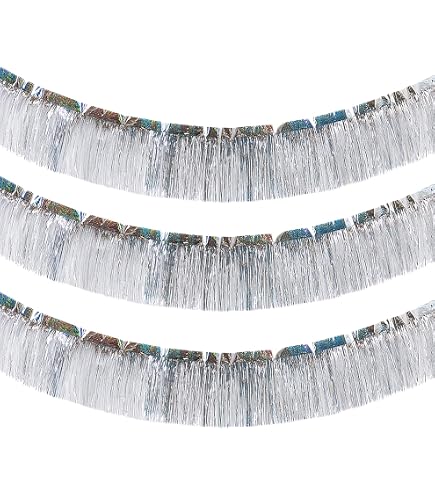20FT Holographic Silver Tinsel Fringe Garland - Metallic Foil Icicle Strands For Party, Tree, & Parade Decor