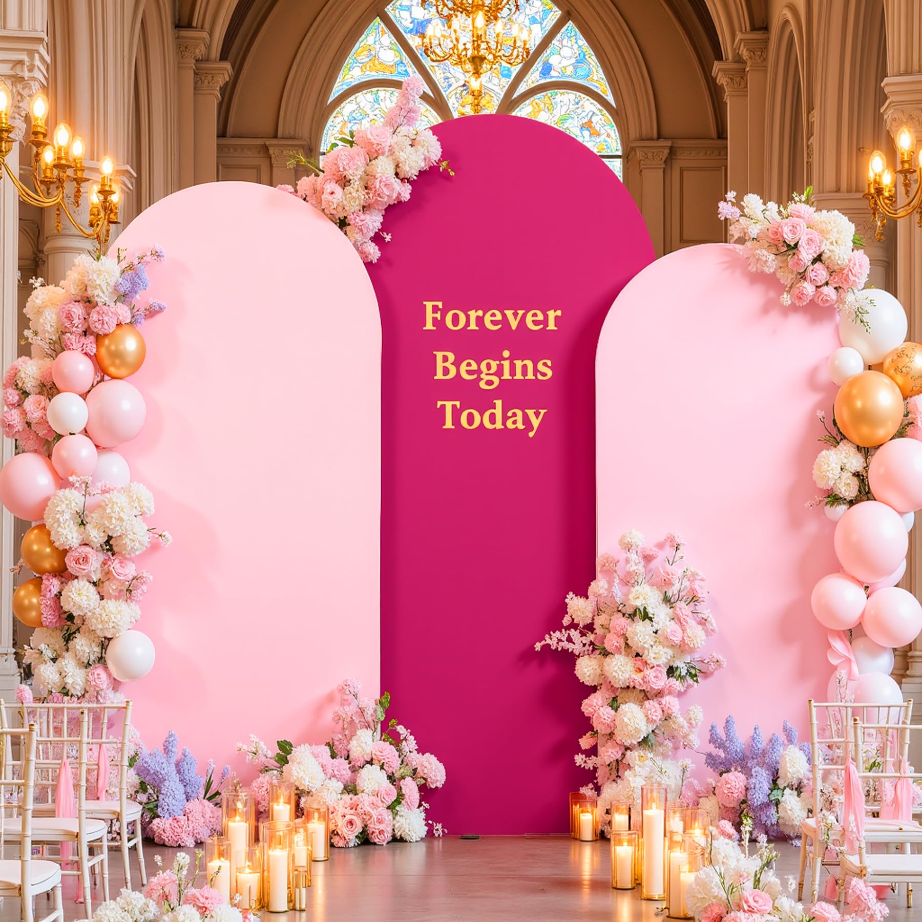 Photo 1 of Pink and Hot Pink Arch Cover 3 Set-8FT, 7.2FT, 6.6FT Arch Backdrop Cover Spandex Fitted 2- Color Fabric Stand Covers for Baby Shower Girls Birthday Party Wedding Photo Background Decorations