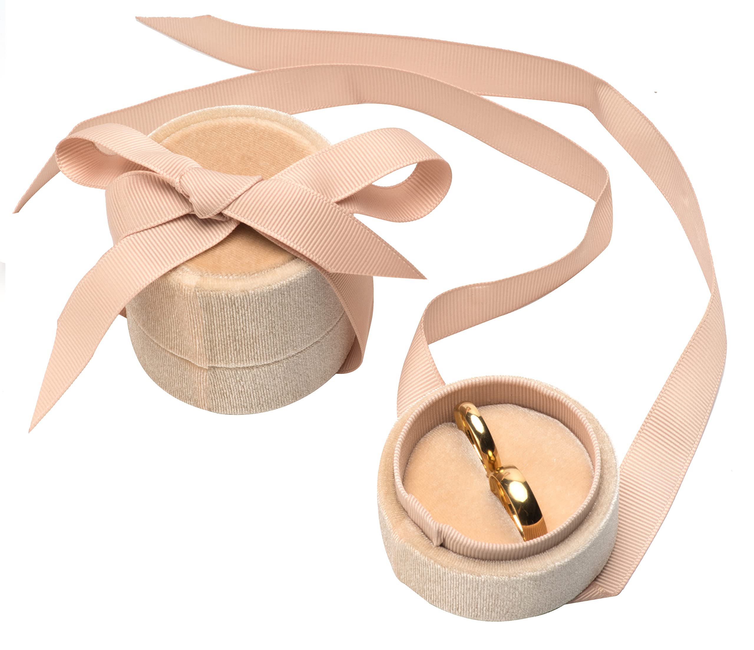 POKOFO Velvet Double Premium Round Ring Bearer Box Elegant Silk Bow Jewelry Storage Organizer Gift (Apricot)