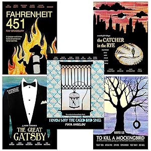 Classic Novels Movie Style Poster Set of Five. Literary Quote Set. Fine Art Paper, Laminated, or Framed. Multiple Sizes Available