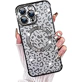 Fiyart Designed for iPhone 14 Pro Max Case,Compatible with MagSafe Cheetah Print Plating Camera Protection Magnetic Clear Glitter Leopard Print Shockproof Phone Bumper for Women Girls 6.7"-Black