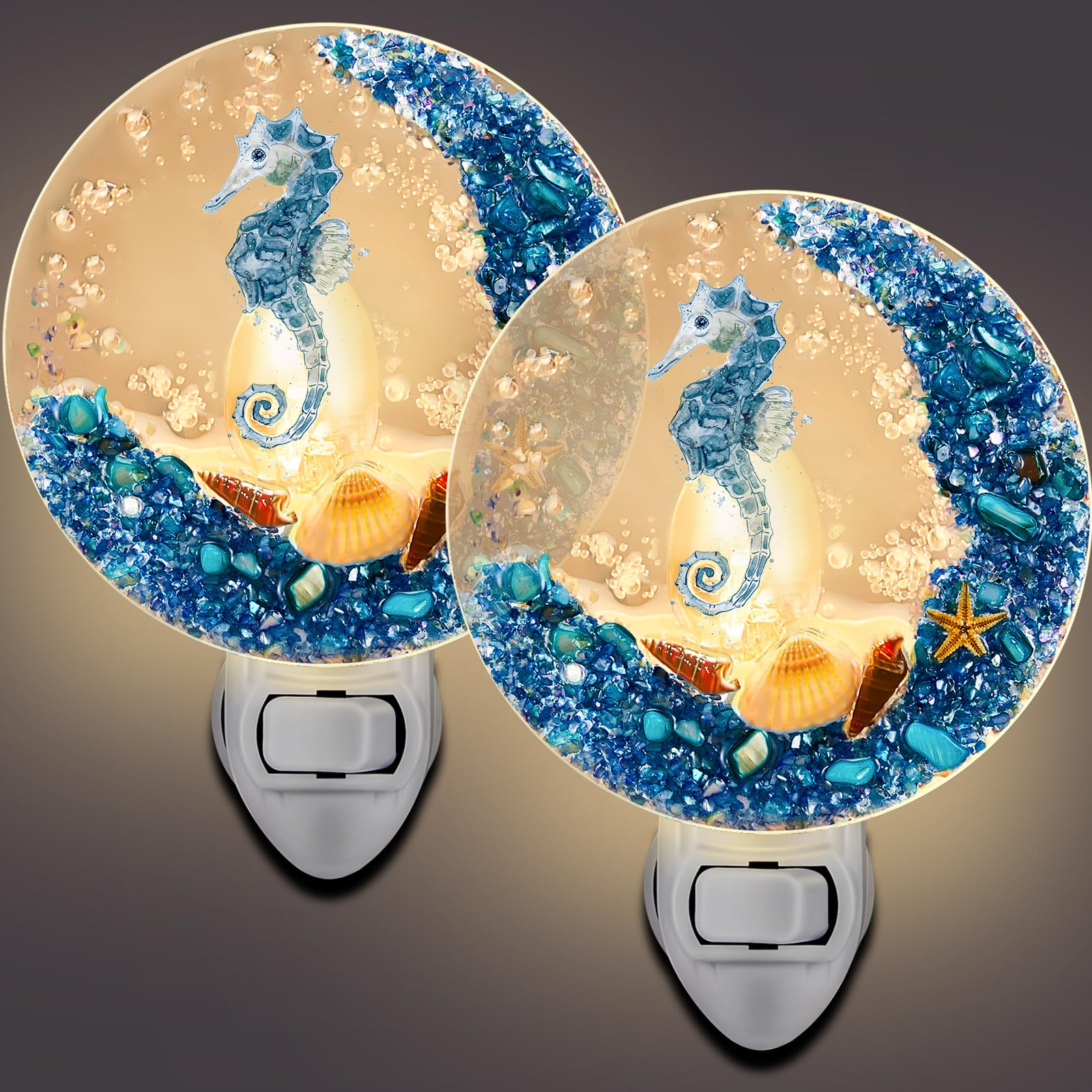 Photo 1 of 2 Pcs Plug in Seashell Night Light Ocean Sea Animal Decorative Night Light Plug in Beach Vintage Ocean Lamps for Adult for Home Bedroom Living Room Bathroom Wall Decor(Sea Horse)