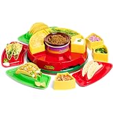 Nostalgia Taco Tuesday Heated Lazy Susan Taco Bar Serving Set for a Party with 4 Tortilla Holders, Fondue Pot for Burritos, Nachos, and Fajitas - 20 Oz. - Red