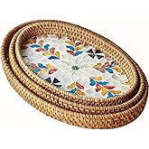 i-lan 3-Pack Oval Rattan Serving Trays with Mother of Pearl Inlay, 13/12/11 Inch Woven Platters for Home Decor, Coffee Table, Display, and Entertaining