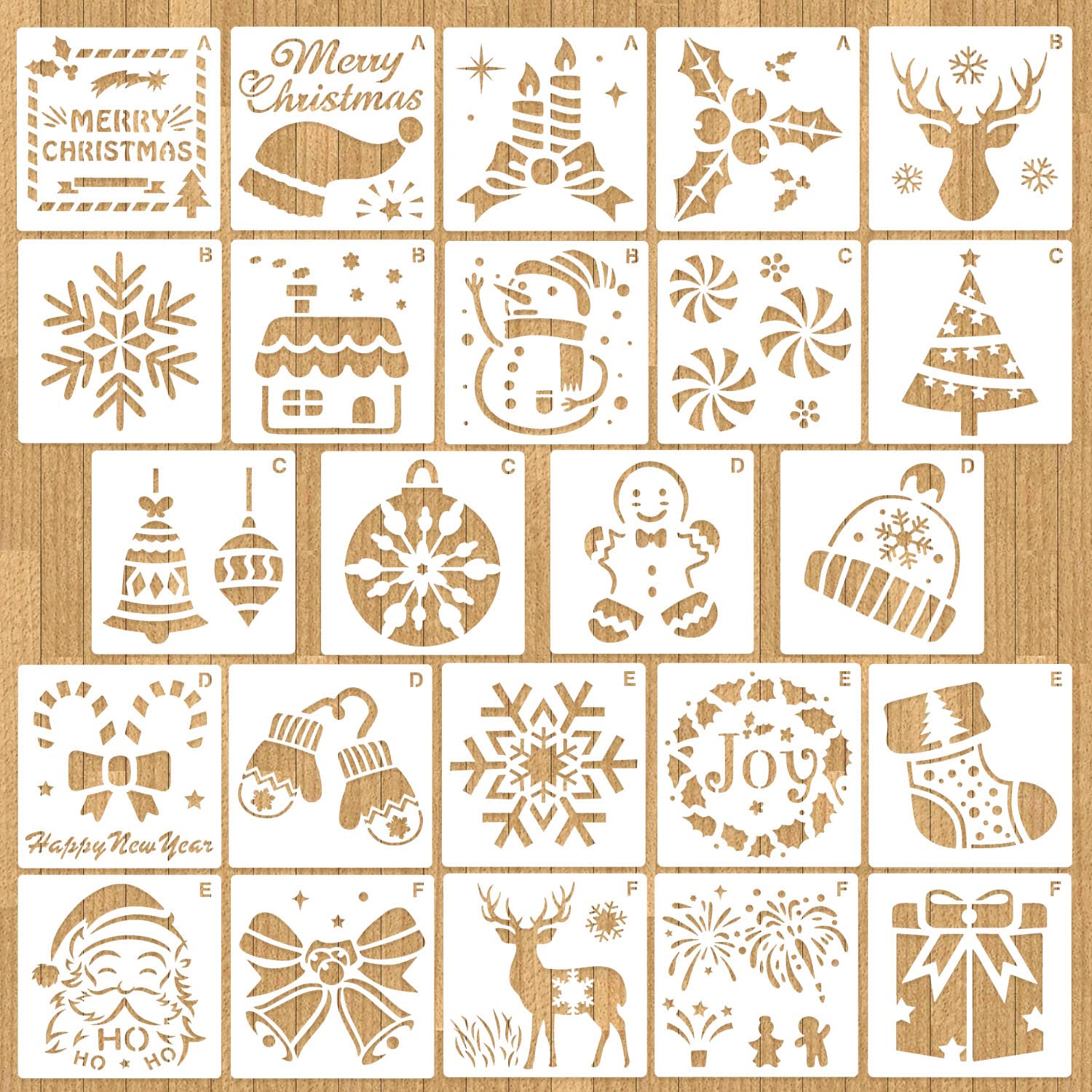 HOWAF 24Pcs Christmas Stencils for Crafts Reusable, Plastic Christmas Window Stencils for Snow Spray, Card Making, Wood Wall Furniture Painting, Kids Christmas Arts and Crafts Decoration