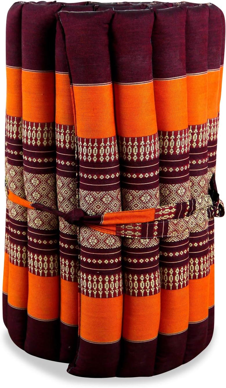 livasia roll-up mat - 79x20x1.8″ - roll-up mattress, S narrow, Guest bed/mattress for 1 person, Travel bed for the boot, outdoors, Thai mat kapok garden balcony hand made (Orange)