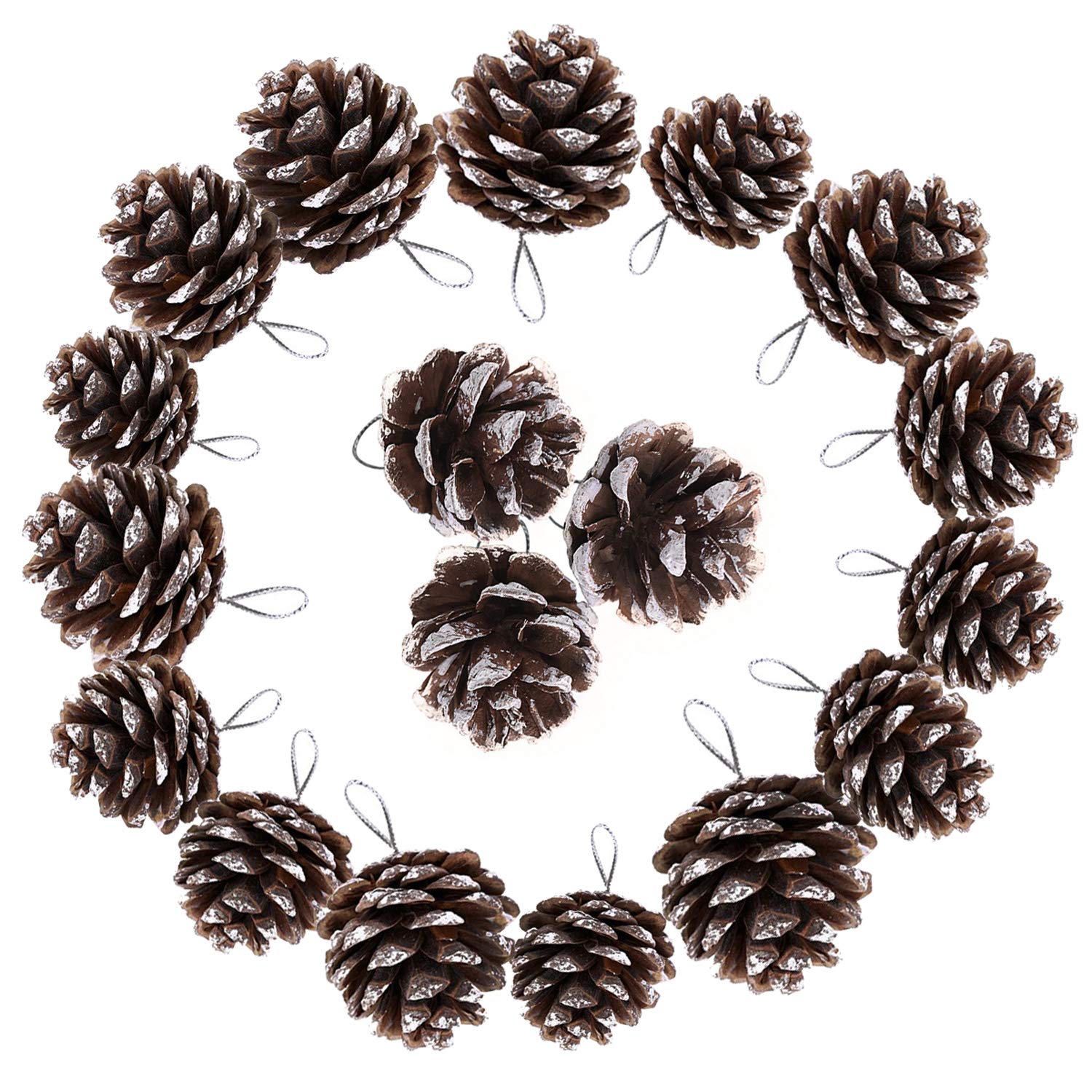 TRIXES Christmas Tree Decorations - 18PC Hanging Pine Cones - Christmas Garland - Fake Snow Tipped - Christmas Wreath Making Supplies - Christmas Baubles