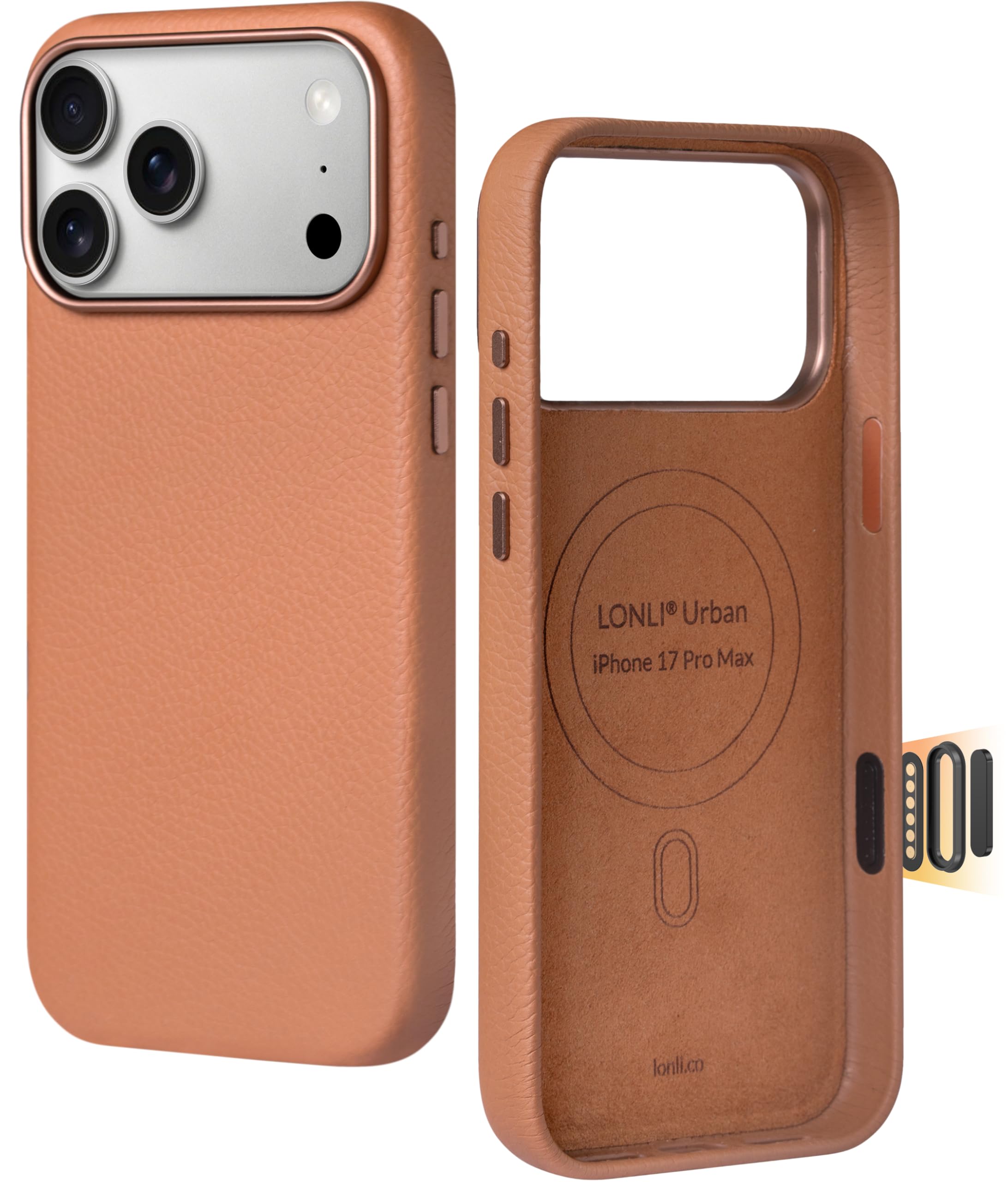 Photo 1 of LONLI Urban | Pebbled Leather - European Genuine Pebbled Leather Case for iPhone 17 Pro - [Built-in Camera Control and Compatible with Magsafe] - Saddle