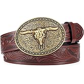 LALATCH Cowboy Belt Western Belts for Men Women Cowgirl Rodeo Large Bull Buckle Western Leather Belt for Jeans