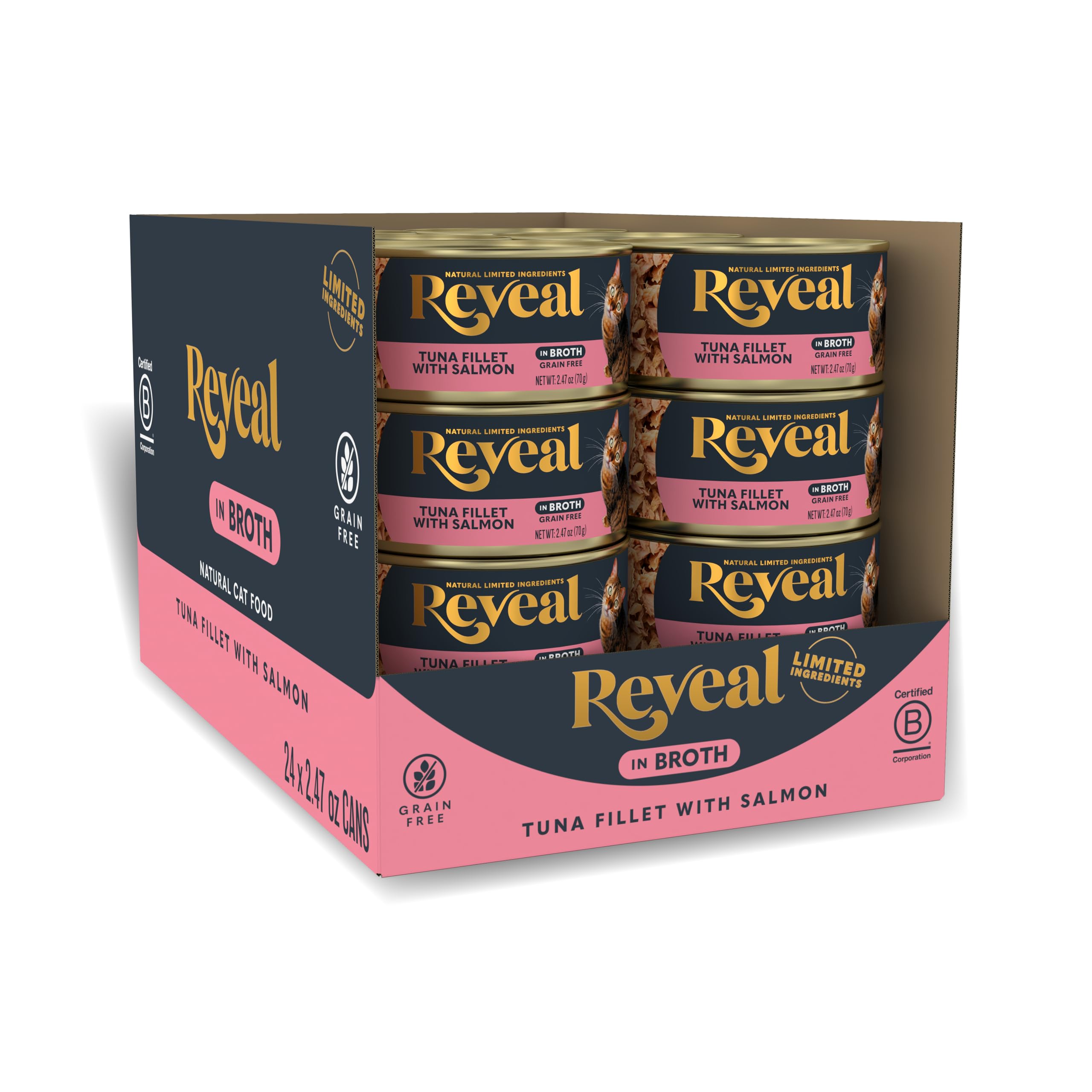 Reveal Natural Wet Canned Cat Food, Limited and Natural Ingredients, Grain Free, High Protein with No Artificial Additives, Tuna Fillet with Salmon in Broth (24 x 2.47 oz Cans) Image