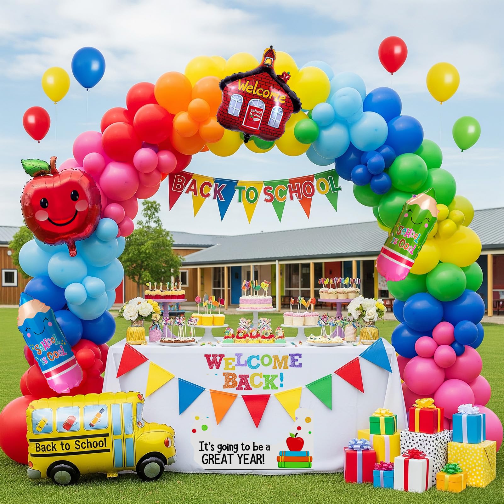 Photo 1 of Yeewaka back to school balloons hot pink and red yellow green balloon garland arch kit 130+pcs with school bus classroom apple mylar balloon for back to school Birthday party decorations