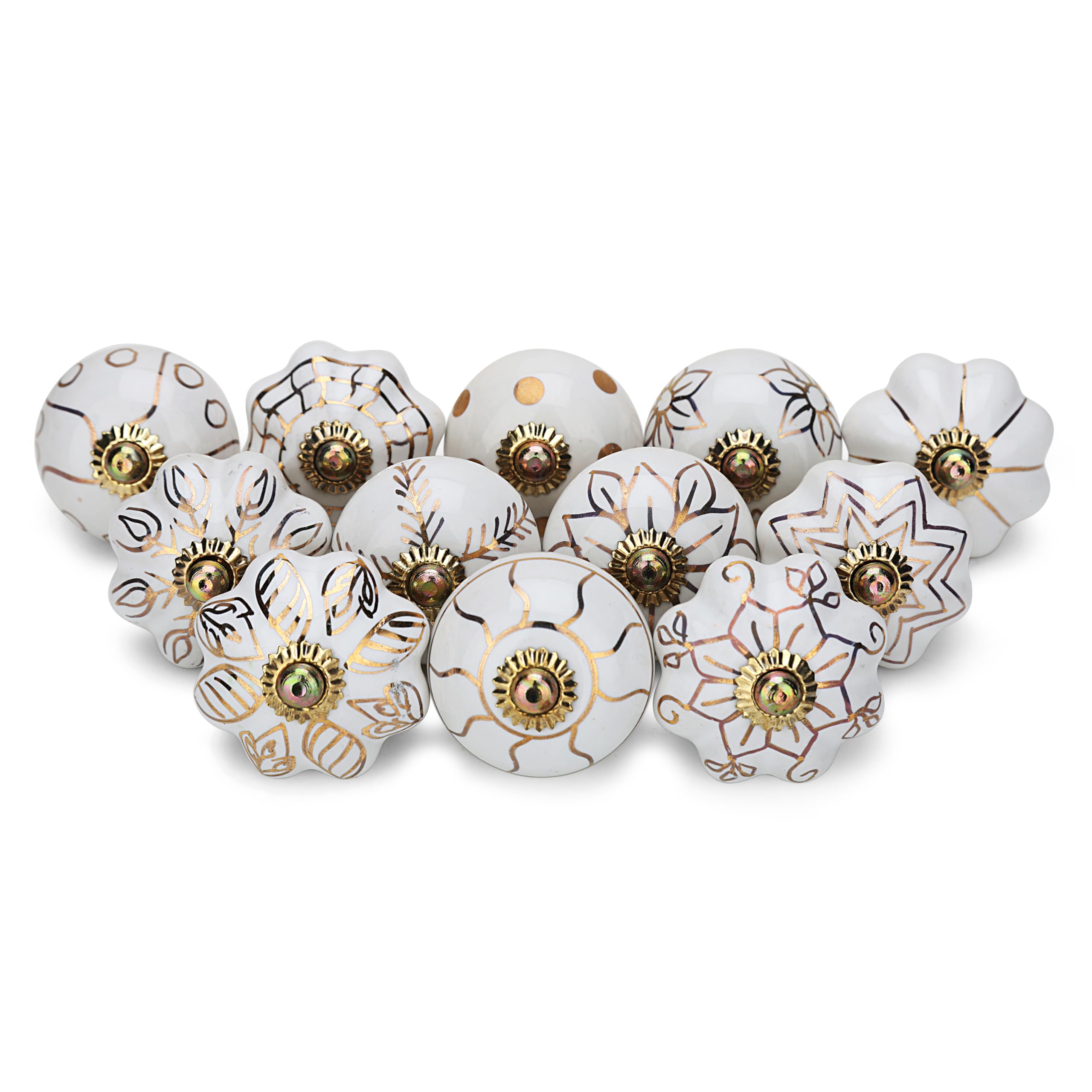 Craft Trade Gold White Door Cabinet Knobs for Dresser Drawer Vintage Closet Ceramic Knob Pull Handles Cupboard Wardrobe Knobs for Kitchen Furniture Home Décor - Pack of 12