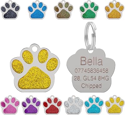 LARRYROO Personalised Engraved Pet Tag Paw Shape Glitter 27mm Yellow