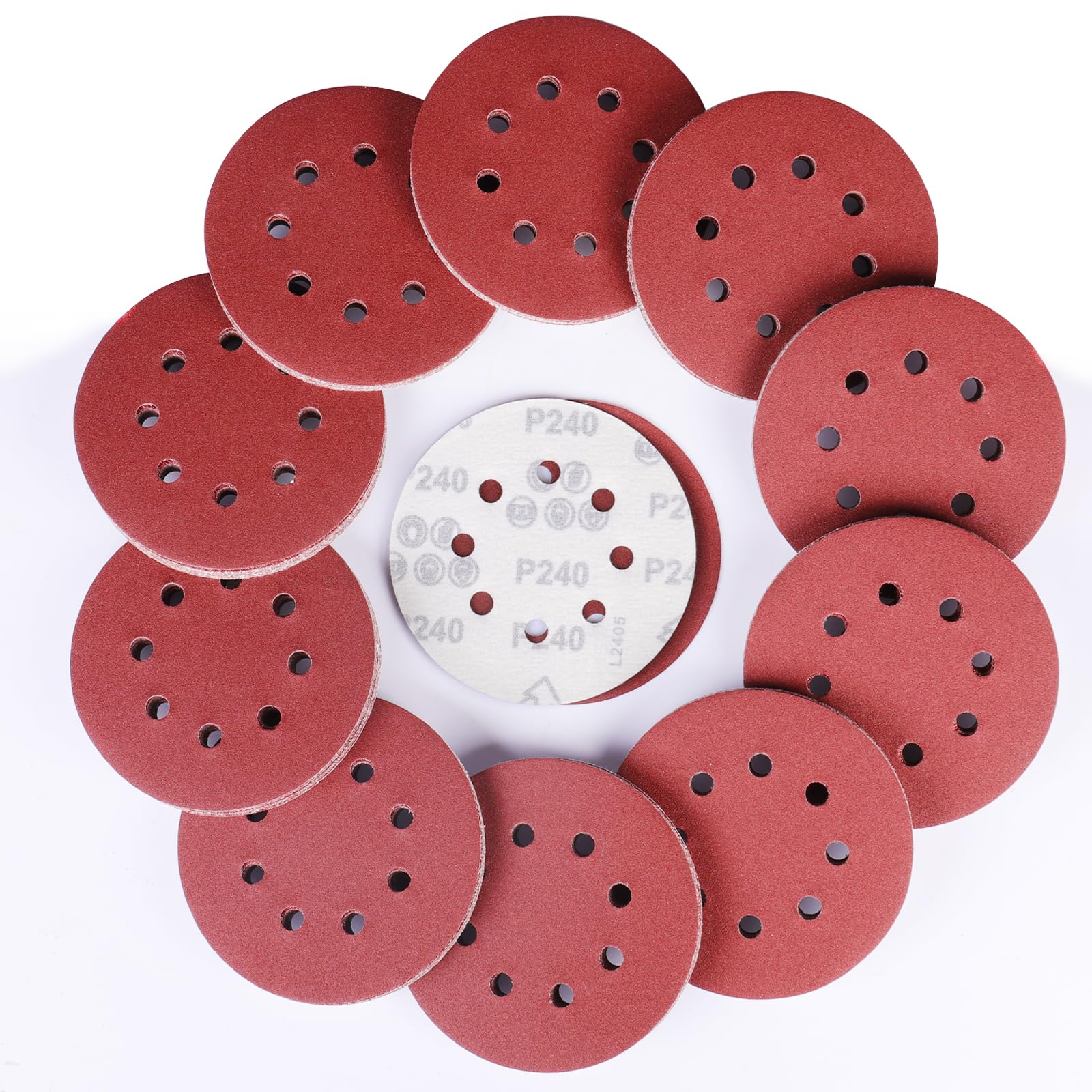 Sruhrak 100 Pcs Sanding Discs, 125mm Sanding Pads Set Hook and Loop 240 Grits Sandpaper for Random Orbital Sander