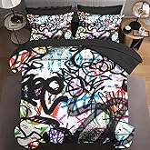 WeCozy 7 Pcs Full Size Comforter Set with 2 Pillowcases & 2 Shams, Urban Modern Fashion Bedding for Kids and Adults, Abstract Graffiti Bed in a Bag with Flat Fitted Sheet