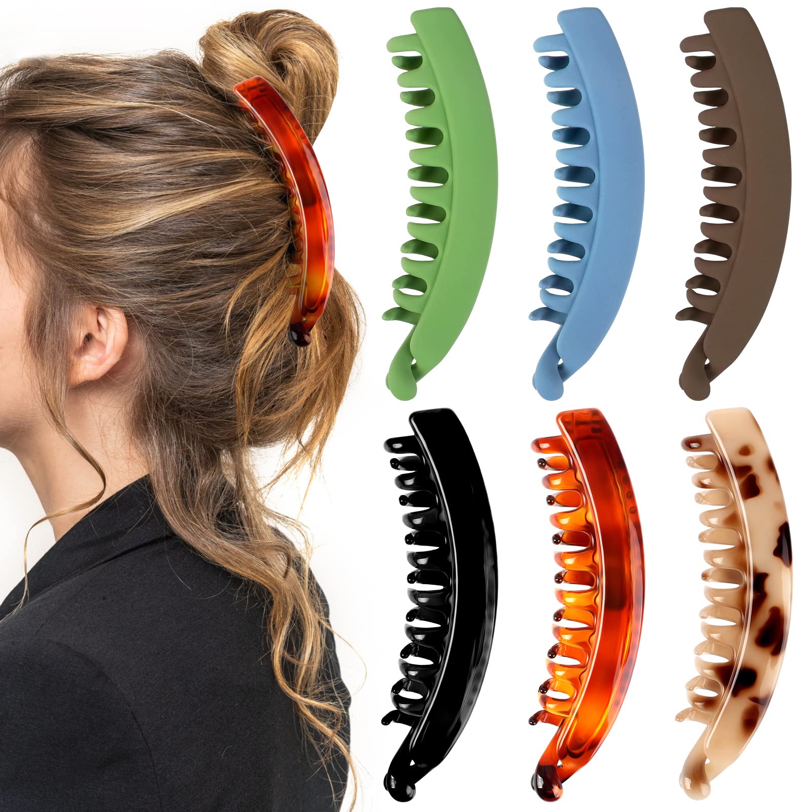 6 PCS Banana Hair Clips for women, Ponytail Holder Banana Clip Large Claw Hair Clips with 10 PCS Curl Clips, French Hair Accessories for Fine Thick Hair (6 Colors)