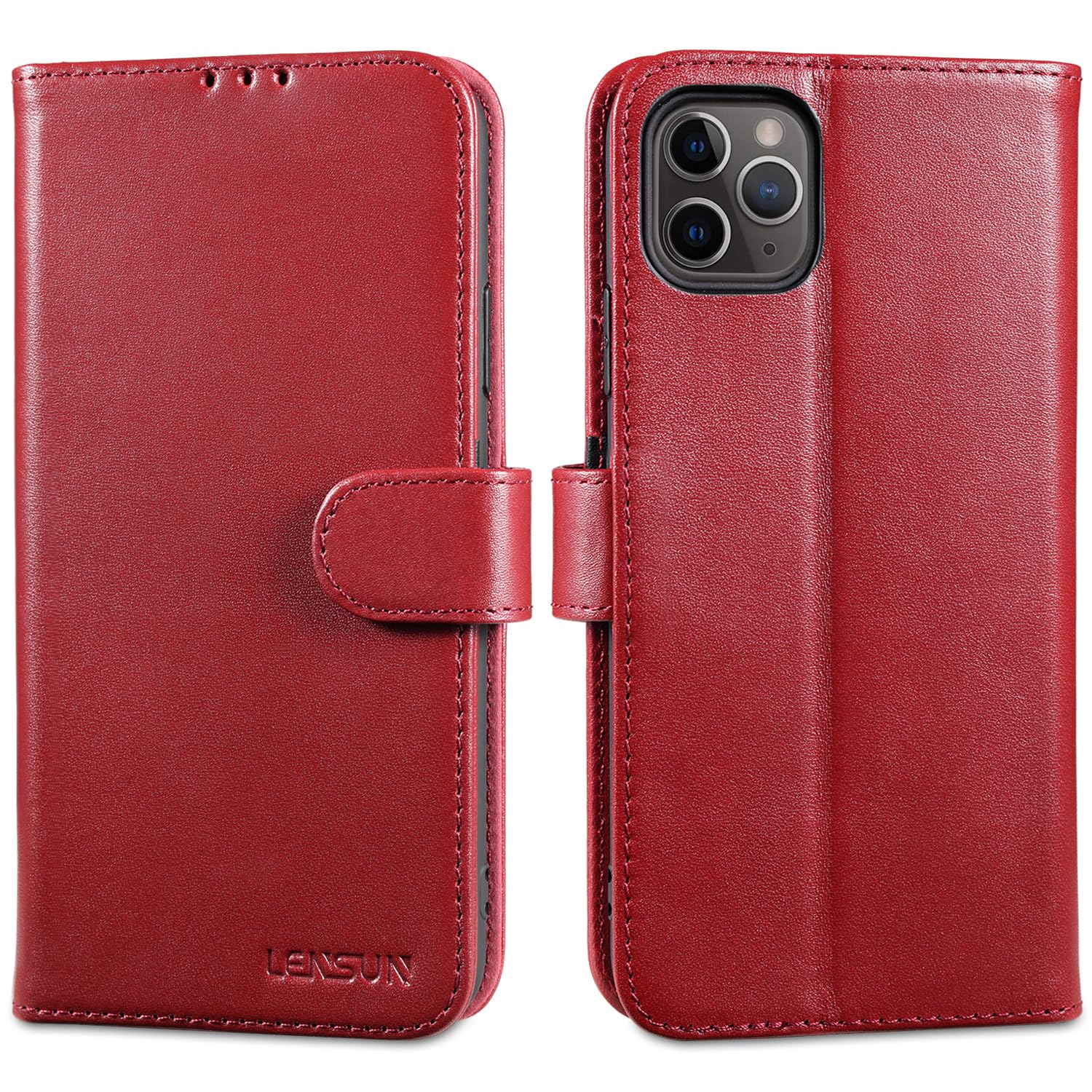 LENSUN Case for iPhone 11 Pro Max, Genuine Leather Flip Wallet Phone Cover [RFID Blocking] with Card Holder and Magnetic Closure for Apple iPhone 11 Pro Max - Wine Red