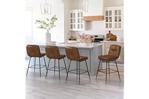 Cozyman Double-Layer Upholstered Bar Stools Set of 4, Counter Height Bar Stools for Kitchen Island, Faux Leather Armless Barstool Chairs, 24 Inch Barstools with Back and Footrest, Yellowish Brown