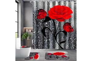 Poedist 4 Pcs Bathroom Set,Red Rose Shower Curtain Sets, Floral Shower Curtain Sets with Rugs(Bath Mat,U Shape and Toilet Lid Cover Mat) and 12 Hooks