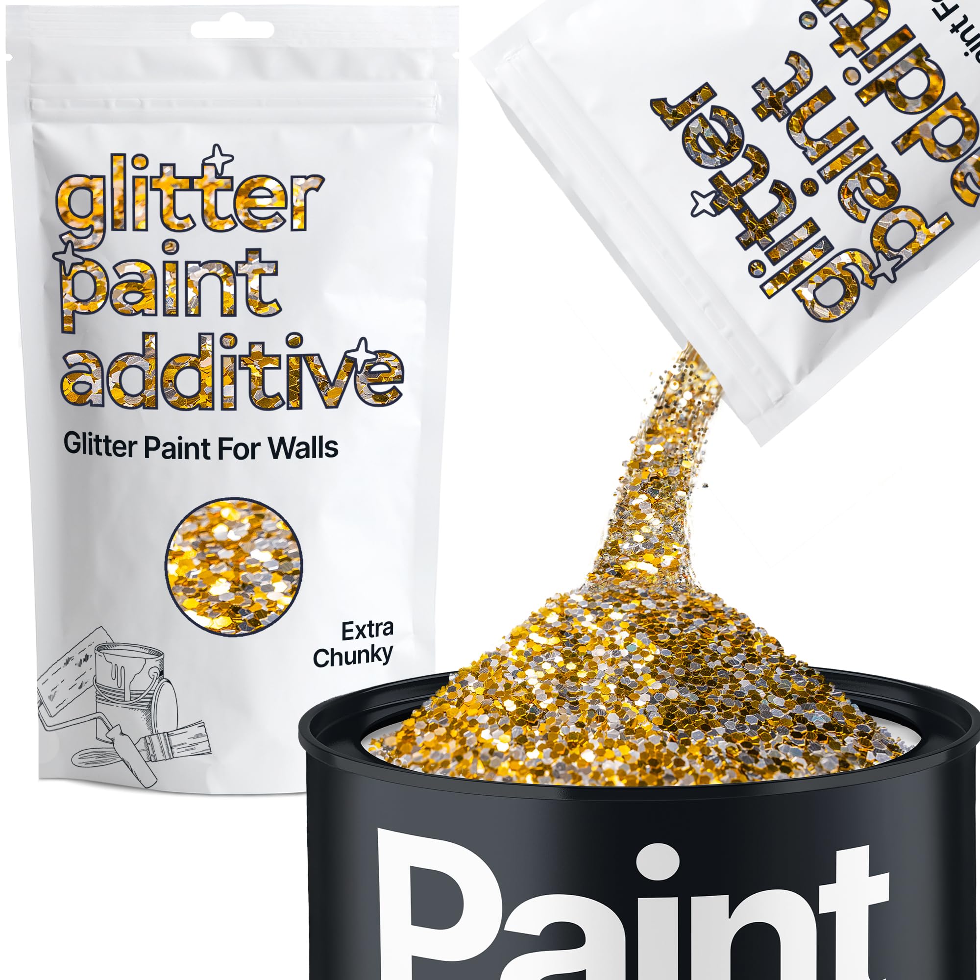 Hemway Gold Silver Glitter Paint Additive Extra Chunky 100g for Adding Sparkle to Paints & Varnish | Paint Walls Sparkly Add to Emulsion, Acrylic or Lacquer Indoor