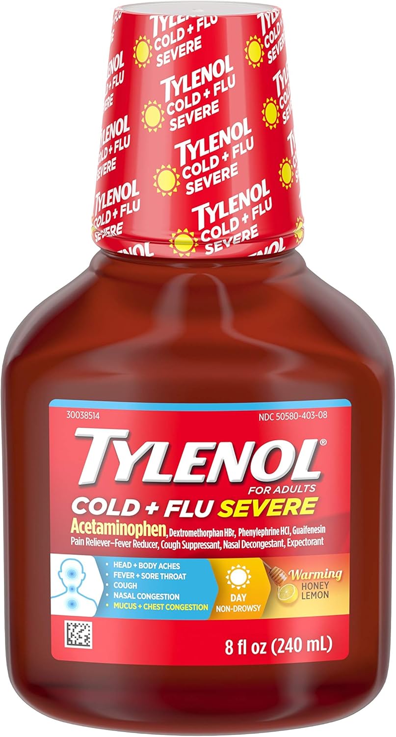 Amazon Com Tylenol Cold Flu Severe Flu Medicine Liquid Daytime Cold And Flu Relief Honey Lemon 8 Fl Oz
