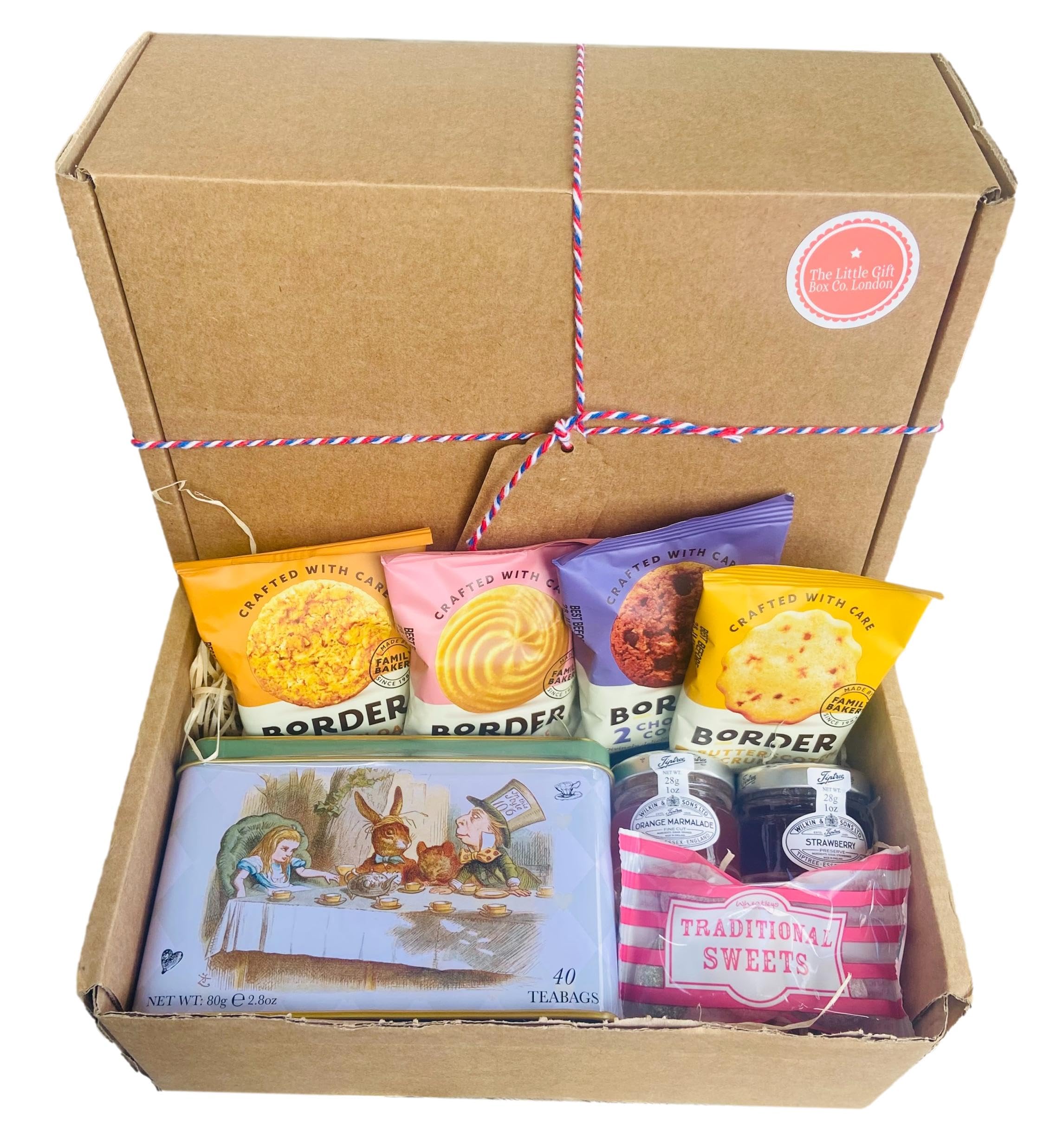 Afternoon Tea Gift Hamper with biscuits and Alice In Wonderland Collectable Tin, Jam And Marmalade And Border Biscuit Selection. Gift Ready.