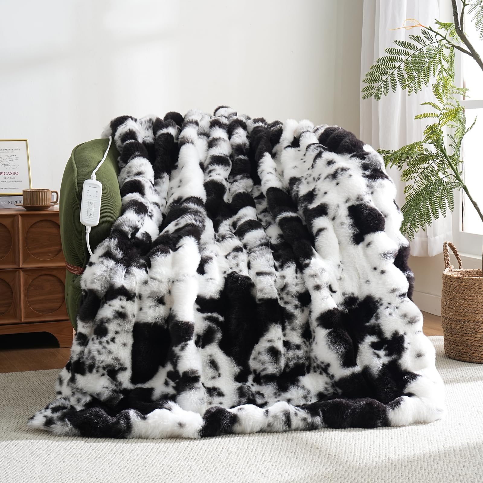 Photo 1 of (small)(no heater) Cow Print Heating Throw Blankets Luxurious Western Soft Bubble Faux Rabbit Fur 8 Heat Settings Overheat Protection Quick Heating Electric Heated Blanket 50"x60"(Black)