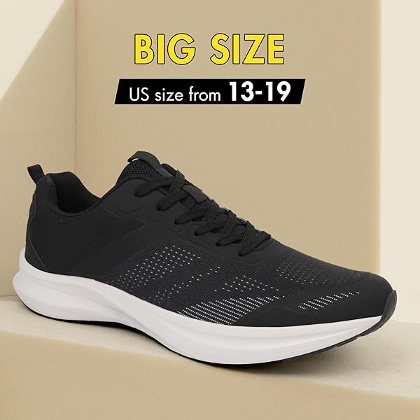 HAWKWELL MEN’S PLUS SIZE WALKING SHOES NON-SLIP WORKOUT FASHION SNEAKERS US SIZE 13 14 15 16 17 18 19, BLACK PU, 16 M US